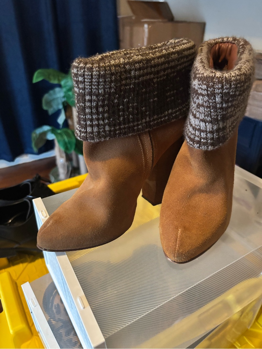 Rachel Comey Brown Suede Fold-Top Ankle Boots with Knit Cuff